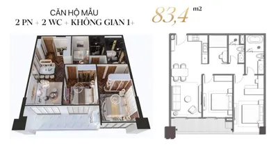 Căn hộ mẫu 2PN 2WC không gian +1