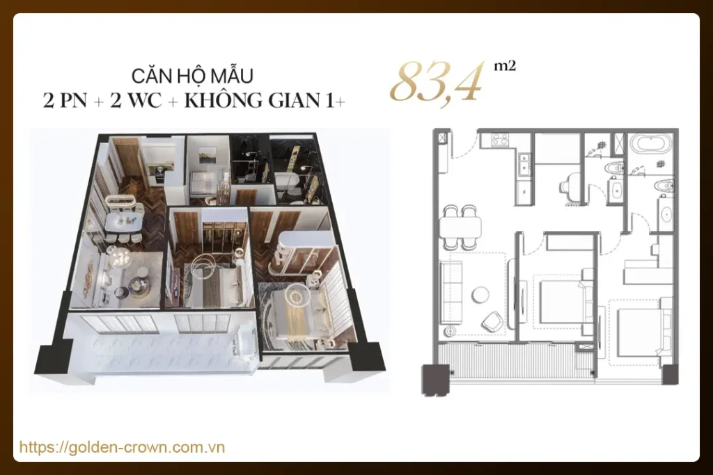 Thiết kế căn hộ 2PN +1 chung cư Golden Crown